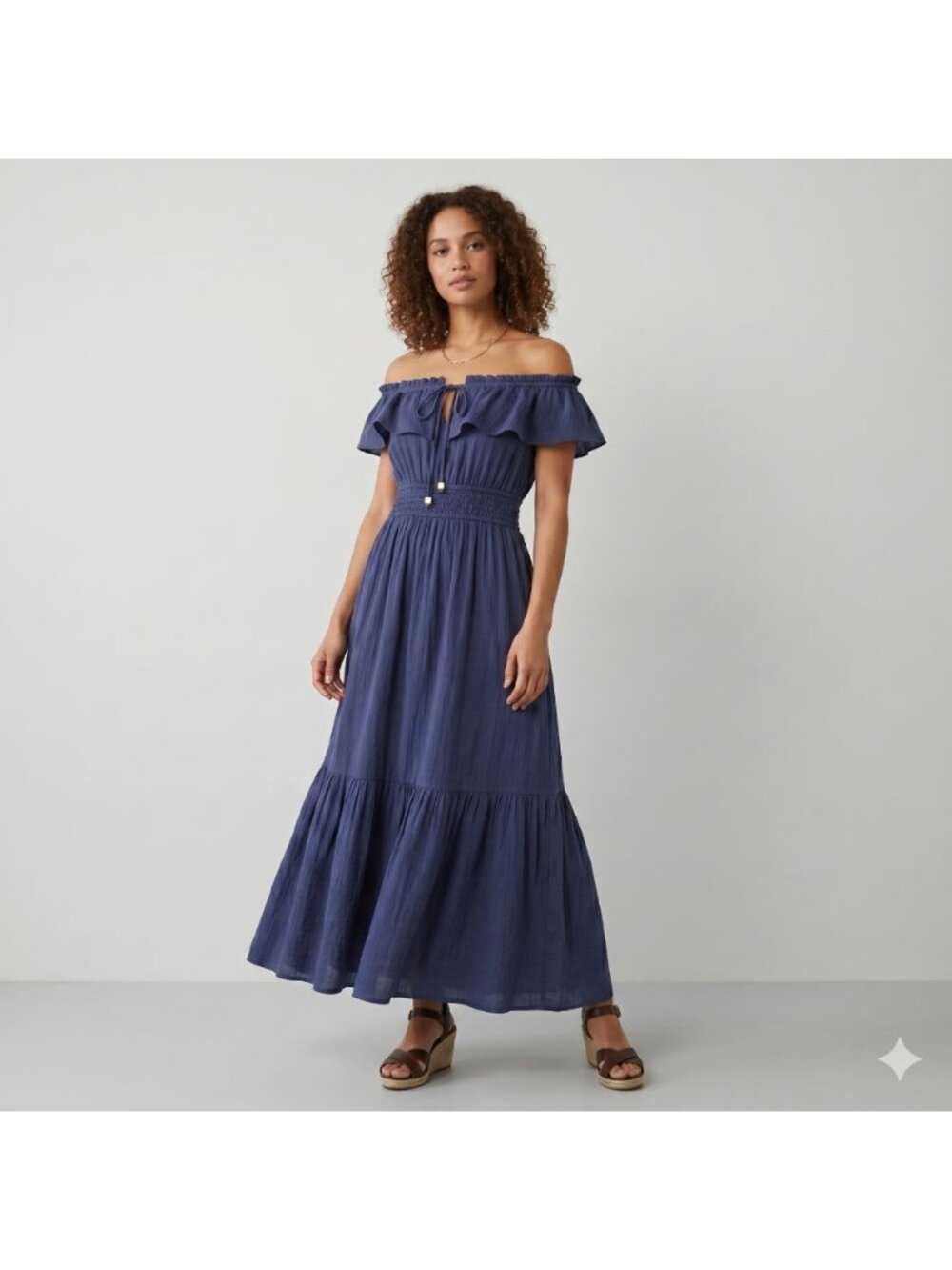 Juicy Couture Boho Cotton Maxi Dress Navy Blue Ruffled Off the Shoulder Medium